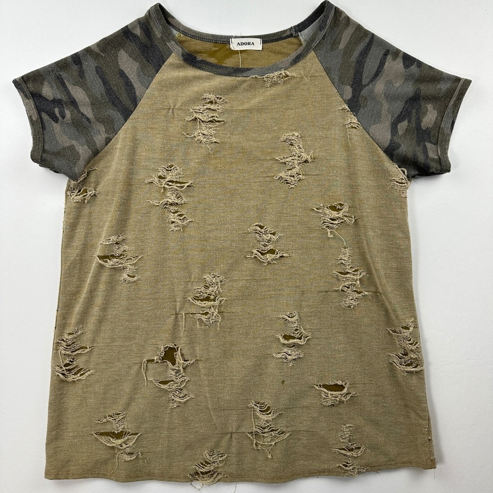 Adora Distressed Camo Sleeve T-shirt Ripped Destroyed Streetwear Punk Grunge M/L